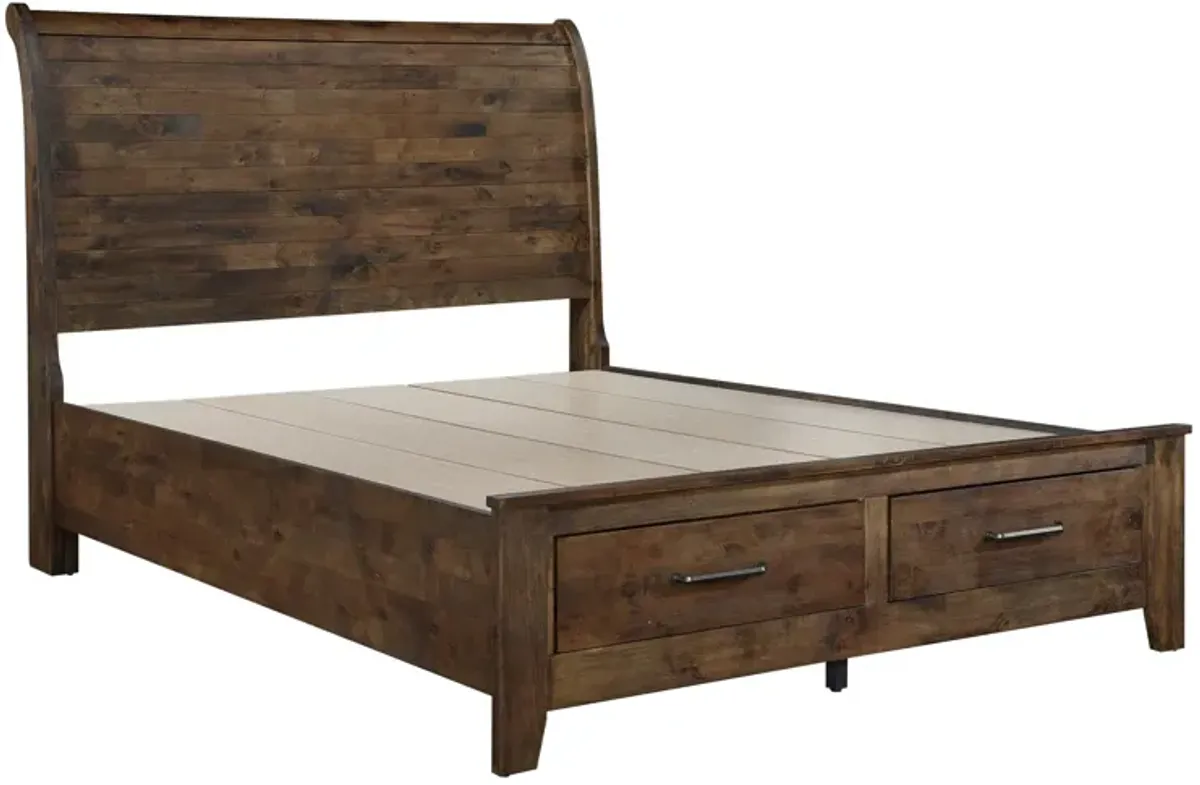 Rick Queen Size Platform Bed, Sleigh, 2 Footboard Storage, Brown Rubberwood - Benzara