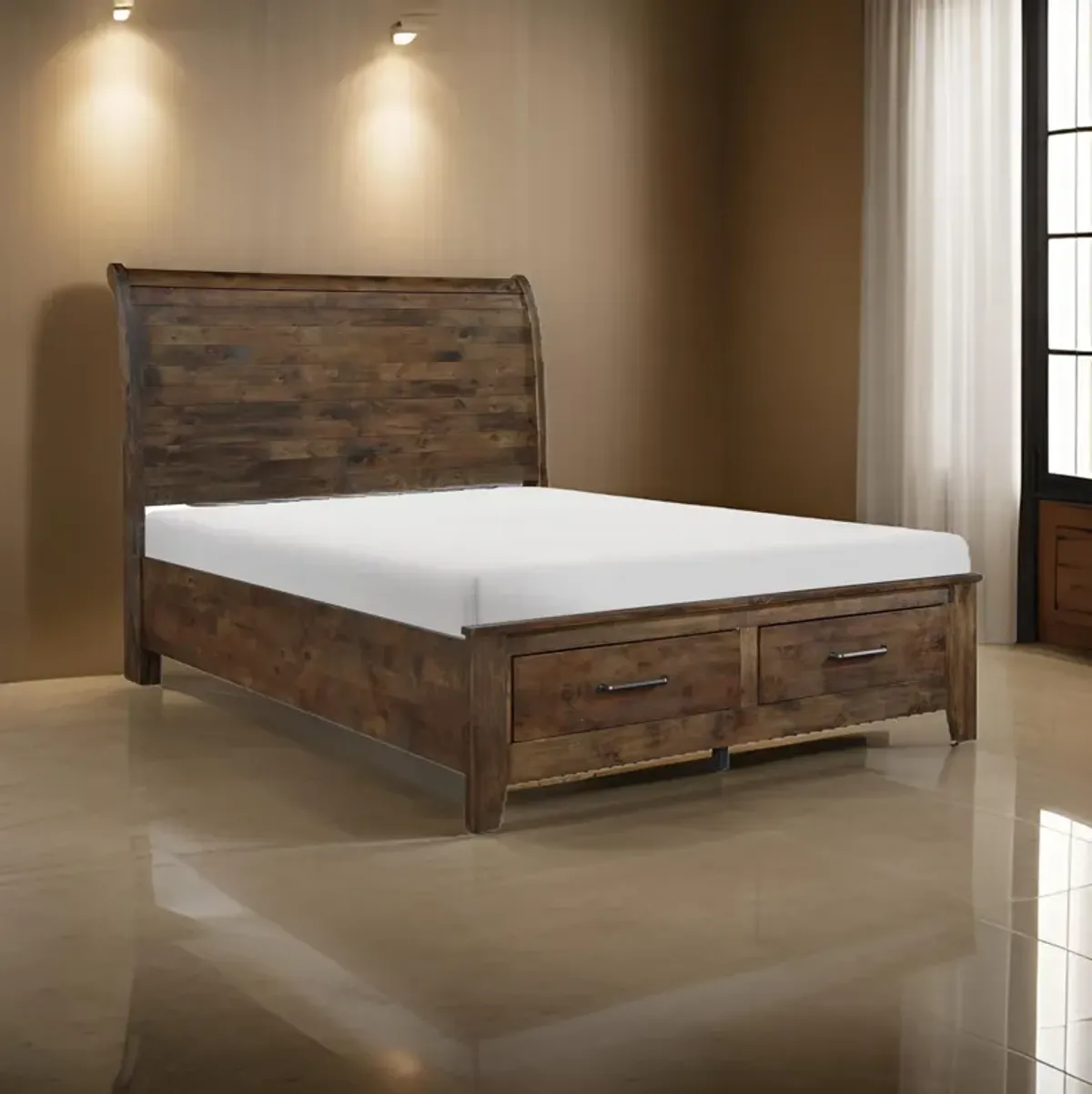 Rick Queen Size Platform Bed, Sleigh, 2 Footboard Storage, Brown Rubberwood - Benzara