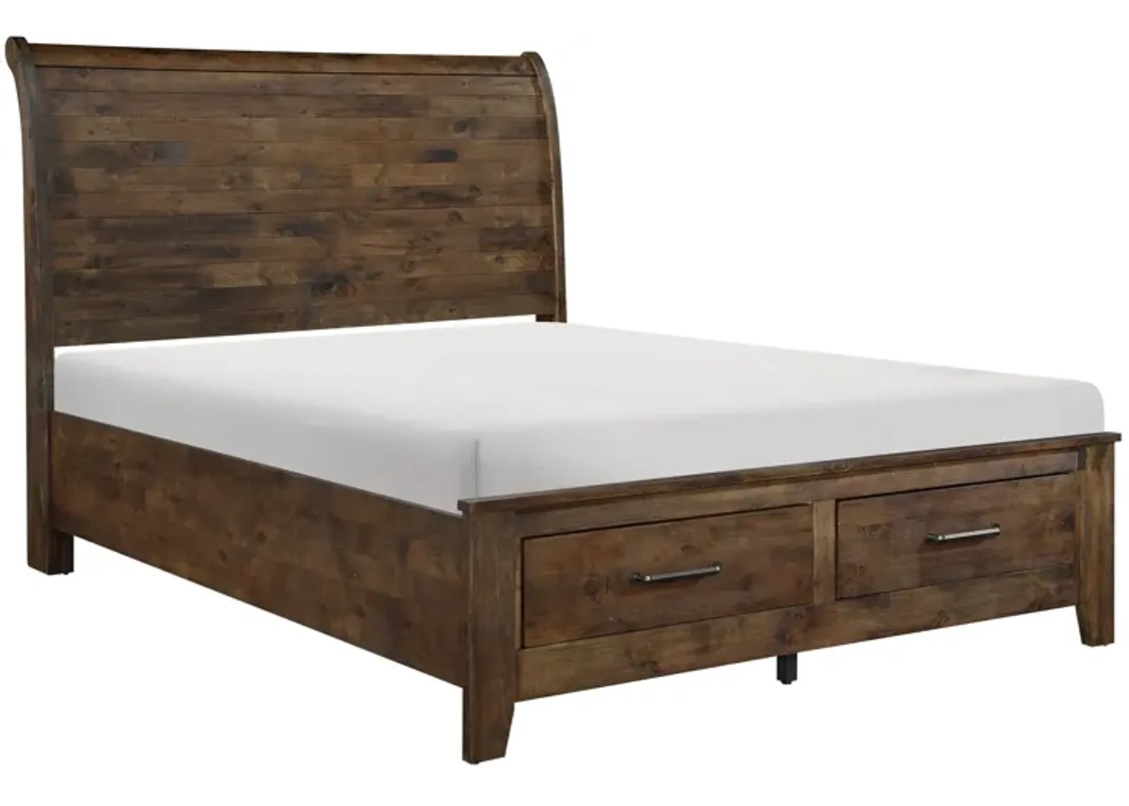 Rick Queen Size Platform Bed, Sleigh, 2 Footboard Storage, Brown Rubberwood - Benzara