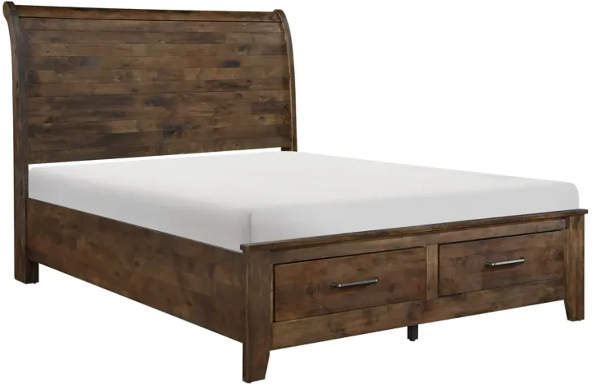 Rick Queen Size Platform Bed, Sleigh, 2 Footboard Storage, Brown Rubberwood - Benzara