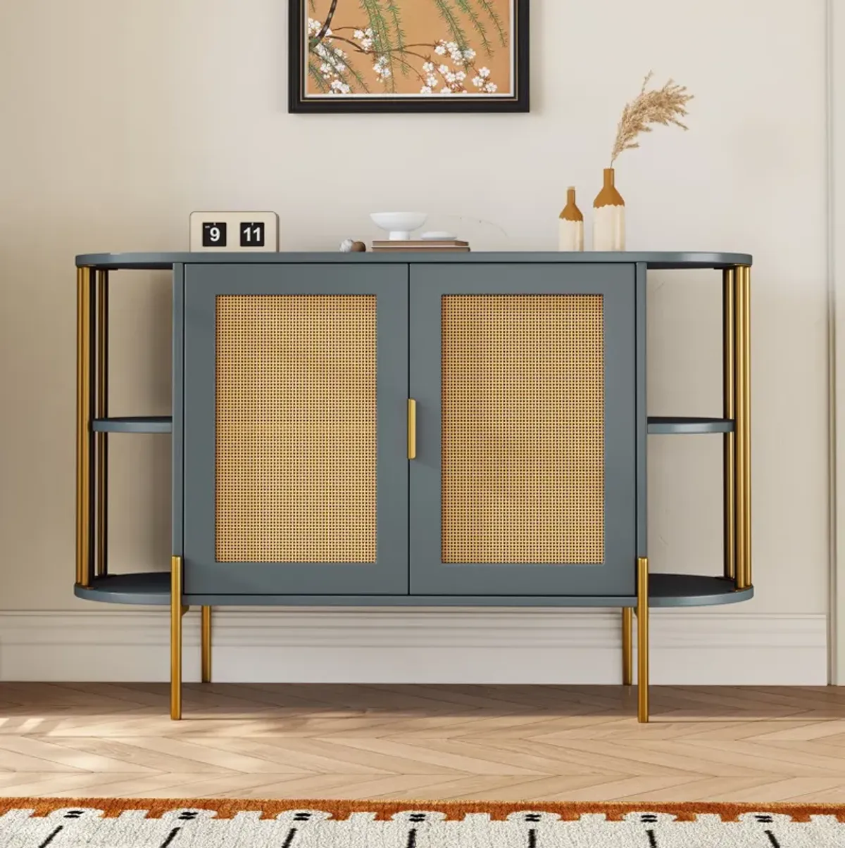 2-Door Elegant Curved Dining Cabinet with Gold Trim and Woven Rattan Doors for Dining Room