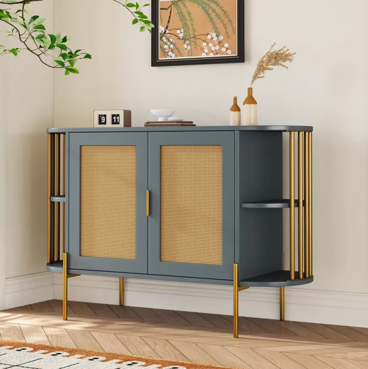 2-Door Elegant Curved Dining Cabinet with Gold Trim and Woven Rattan Doors for Dining Room