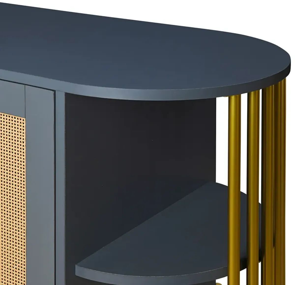 2-Door Elegant Curved Dining Cabinet with Gold Trim and Woven Rattan Doors for Dining Room