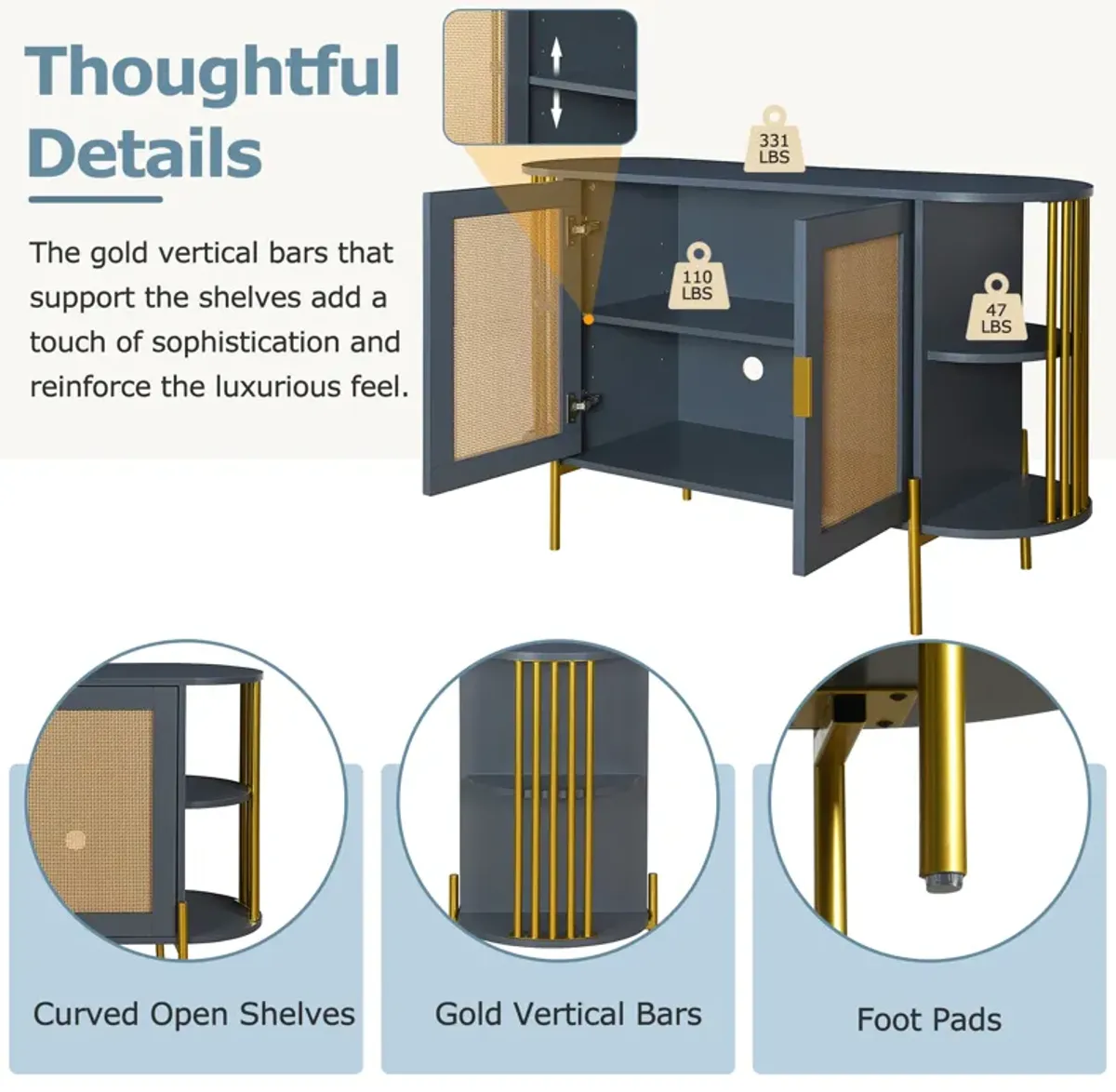 2-Door Elegant Curved Dining Cabinet with Gold Trim and Woven Rattan Doors for Dining Room