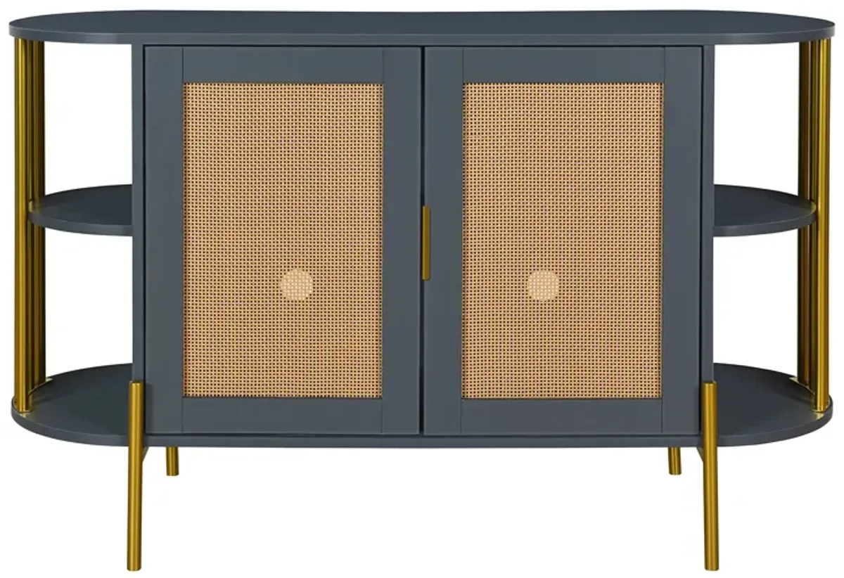 2-Door Elegant Curved Dining Cabinet with Gold Trim and Woven Rattan Doors for Dining Room