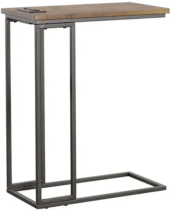 24 Inch Modern C Shape Side End Table, 2 USB, 1 Charging Port, Brown, Black-Benzara