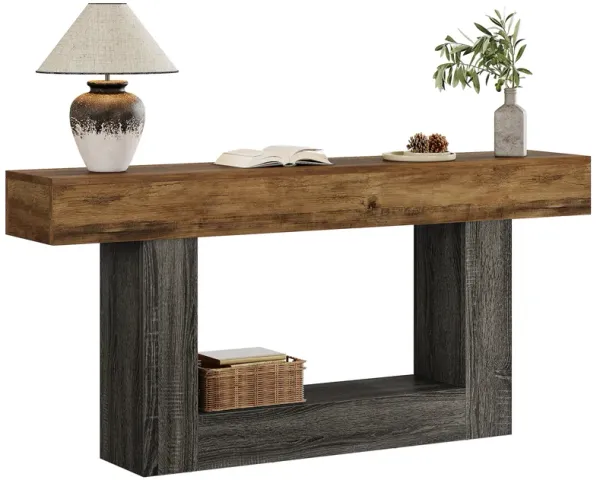 63 Inches Long Console Table, 2-Tier Farmhouse Sofa Table Behind Couch, Large Narrow Entryway Table for Living Room, Wooden Hallway Foyer Table with Heavy Duty Base, Rustic Brown and Grey