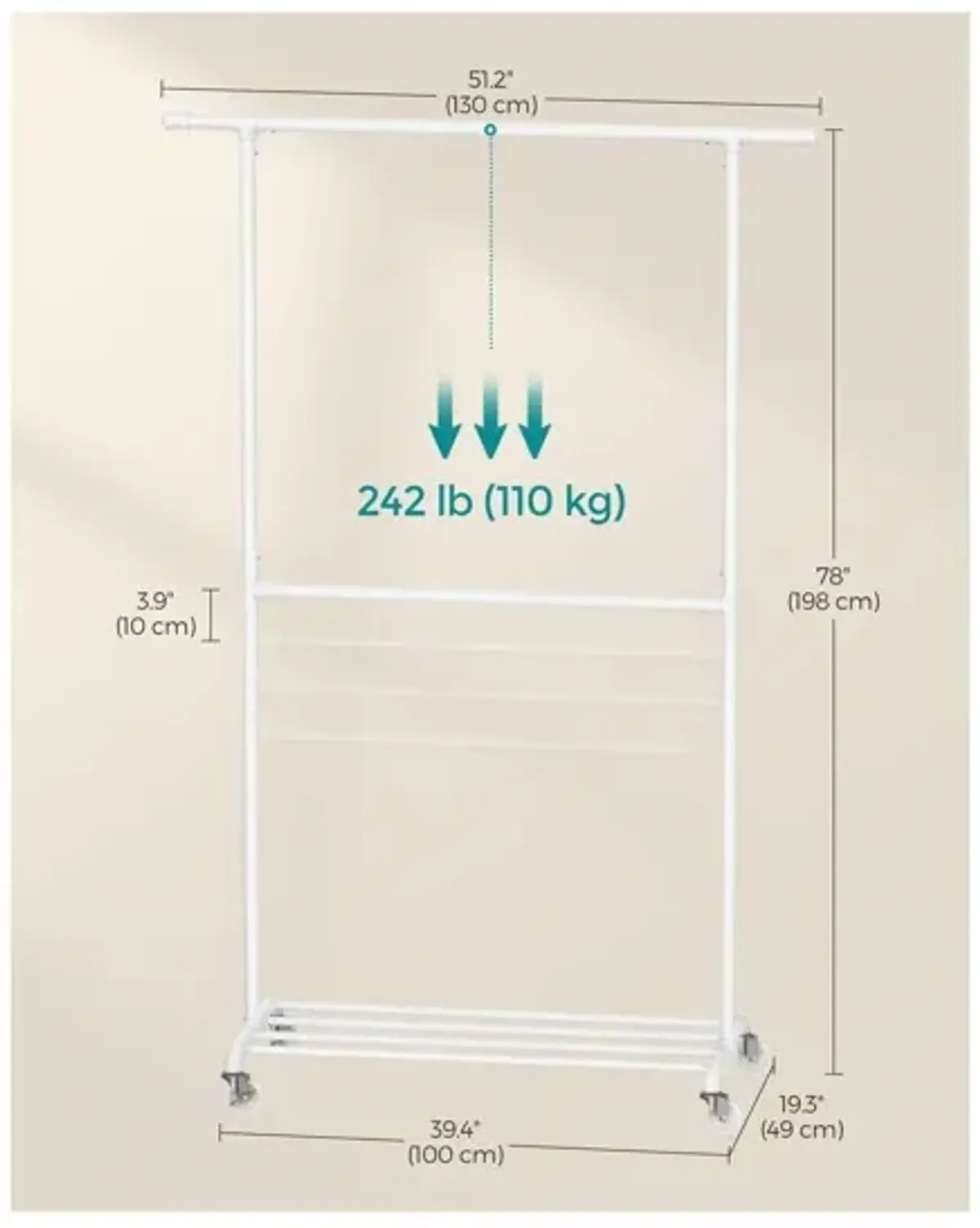 Hivvago Modern Industrial White Metal Tube Garment Rack with Bottom Hanging Rod