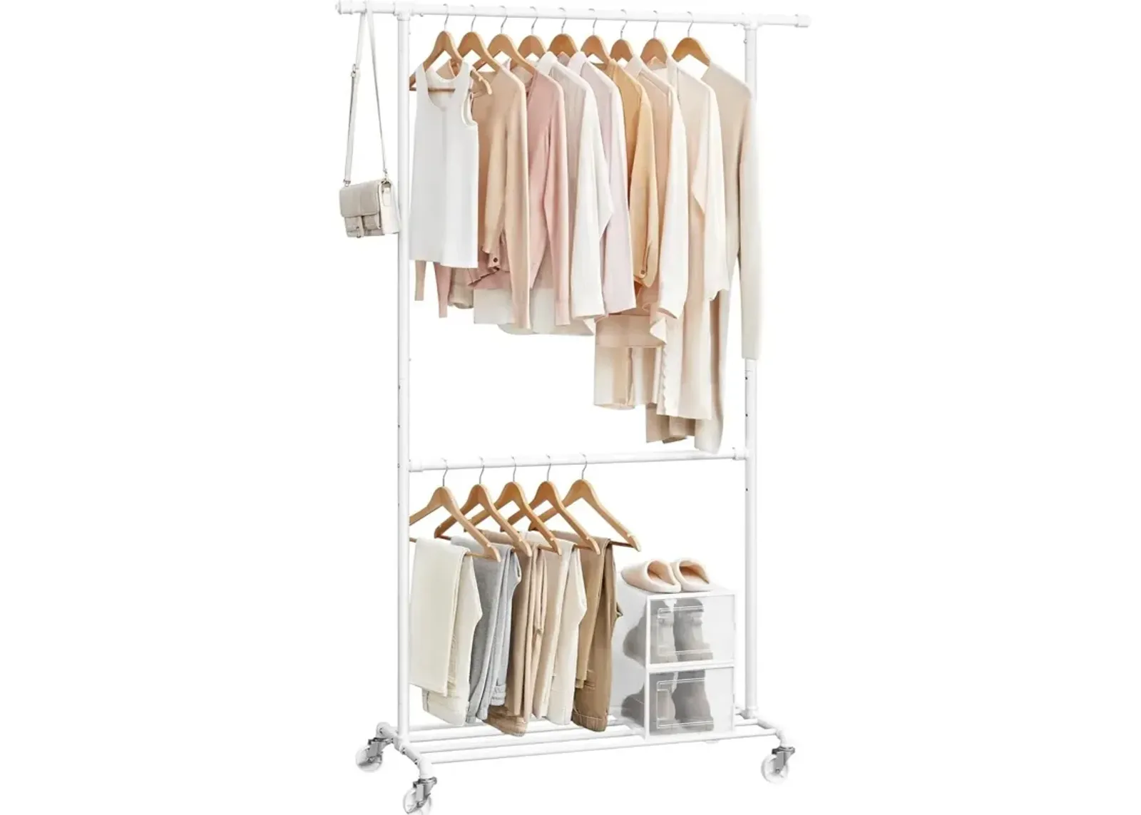 Hivvago Modern Industrial White Metal Tube Garment Rack with Bottom Hanging Rod