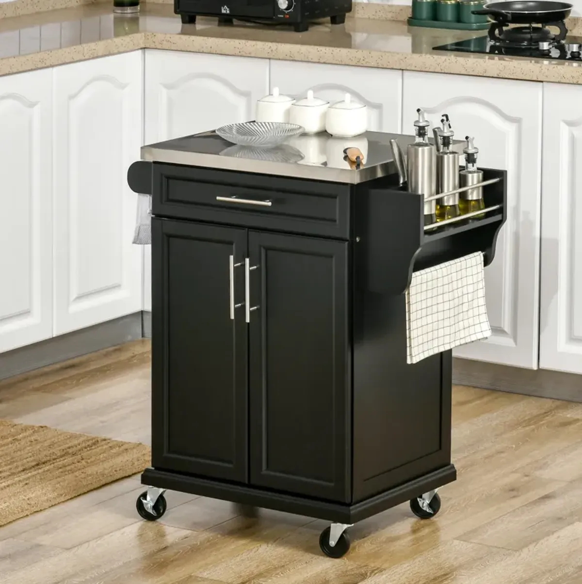 Black Rolling Chef's Helper: Kitchen Cart with Steel Top & Spice Storage