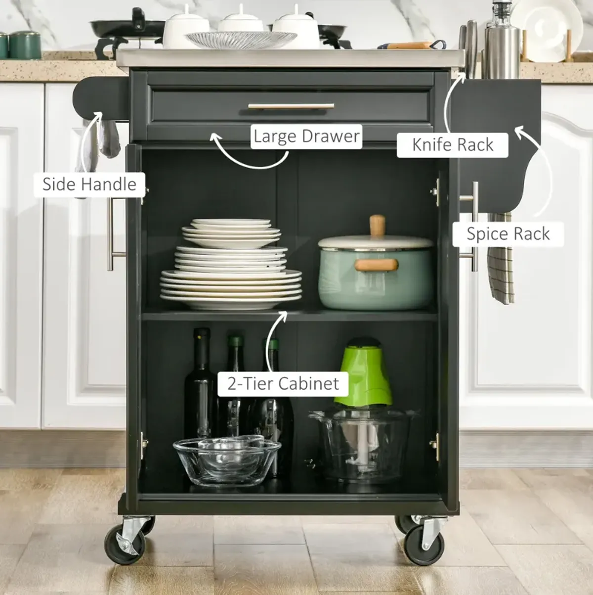 Black Rolling Chef's Helper: Kitchen Cart with Steel Top & Spice Storage