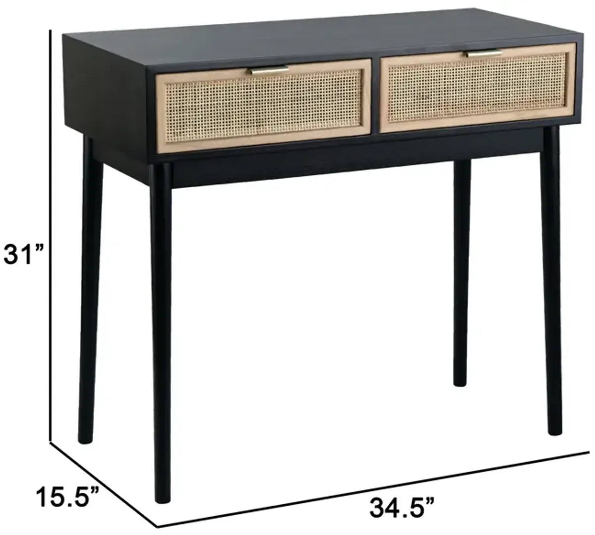 Ela 35 Inch 2 Drawer Wood Console Table, Woven Rattan Panels, Brown, Black - Benzara