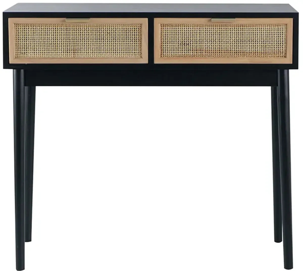 Ela 35 Inch 2 Drawer Wood Console Table, Woven Rattan Panels, Brown, Black - Benzara