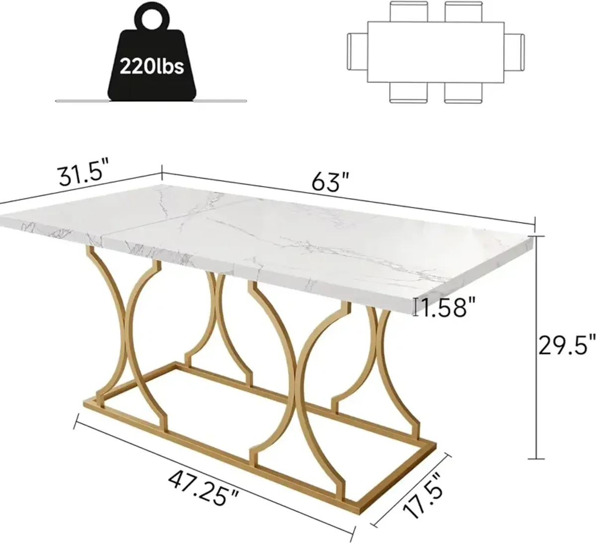 63" Luxury Dining Table Kitchen Dining Room Table Rectangle Modern Marble White Dinner Table with Gold Metel Frame for 6 People