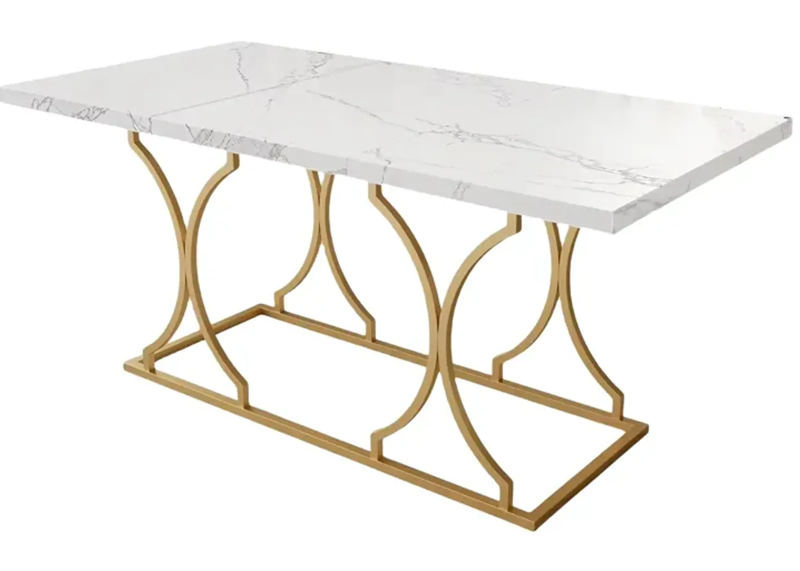 63" Luxury Dining Table Kitchen Dining Room Table Rectangle Modern Marble White Dinner Table with Gold Metel Frame for 6 People