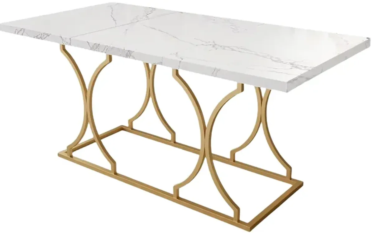 63" Luxury Dining Table Kitchen Dining Room Table Rectangle Modern Marble White Dinner Table with Gold Metel Frame for 6 People