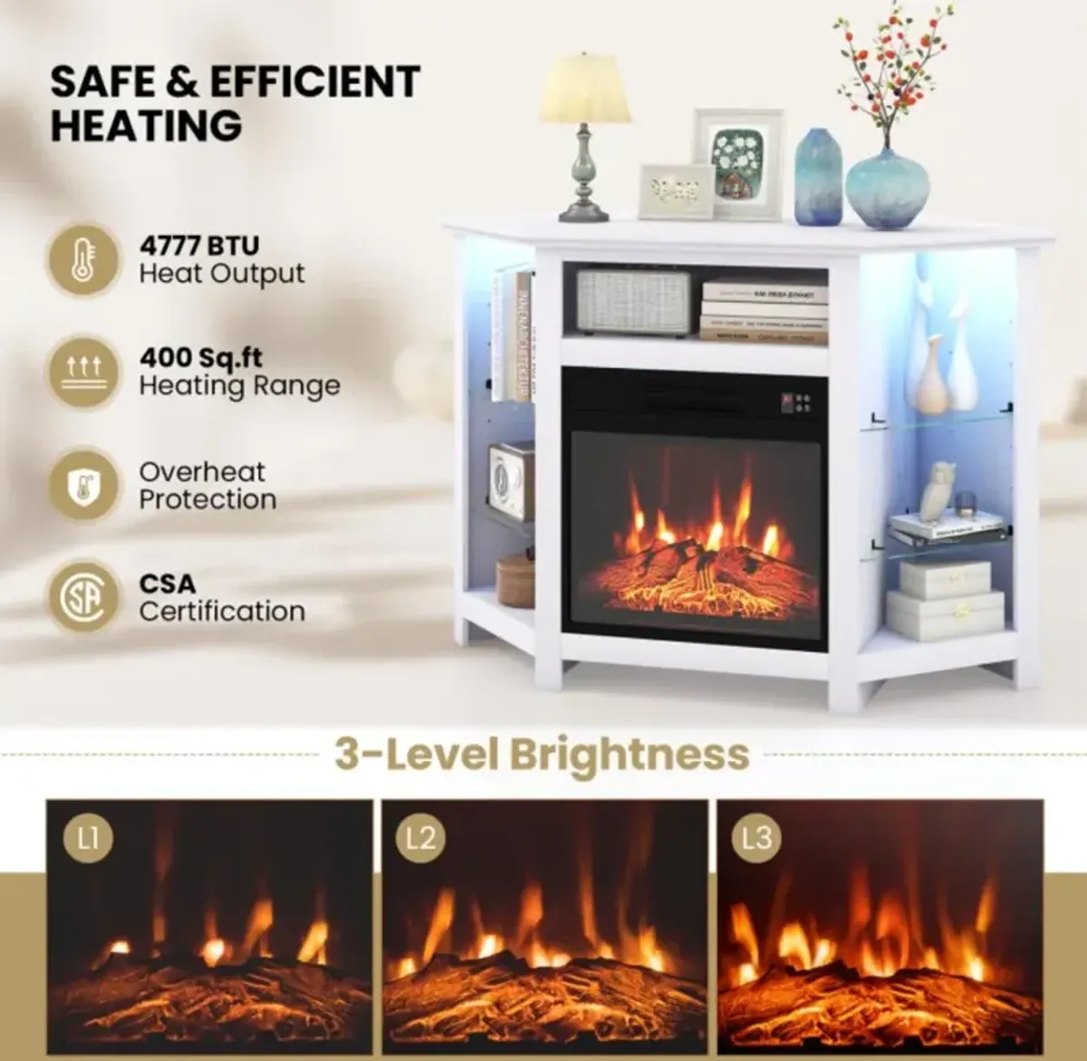 Hivvago Fireplace Corner TV Stand with LED Lights and Smart APP Control for 50 Inches TV