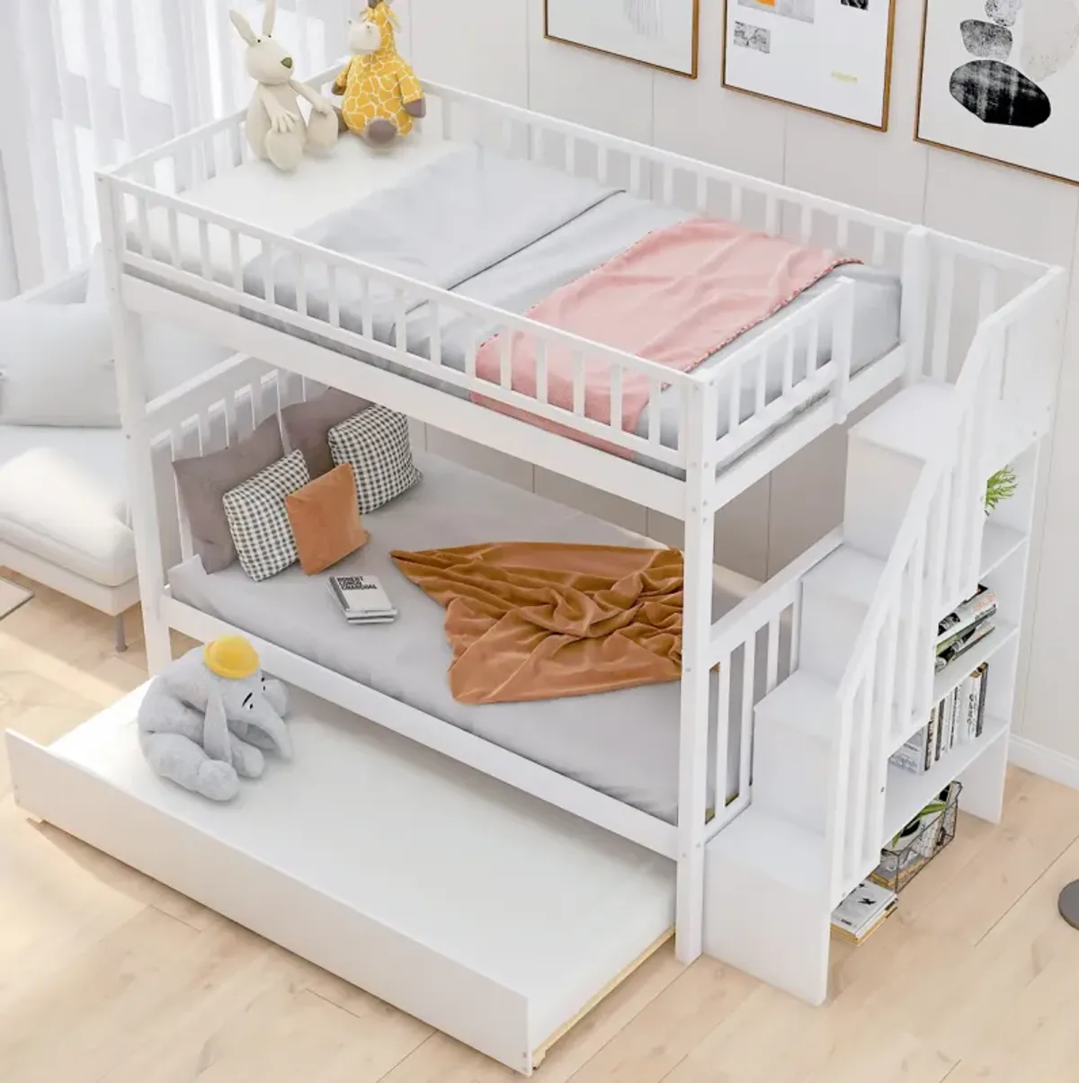 Twin Over Twin Bunk Bed With Trundle And Storage