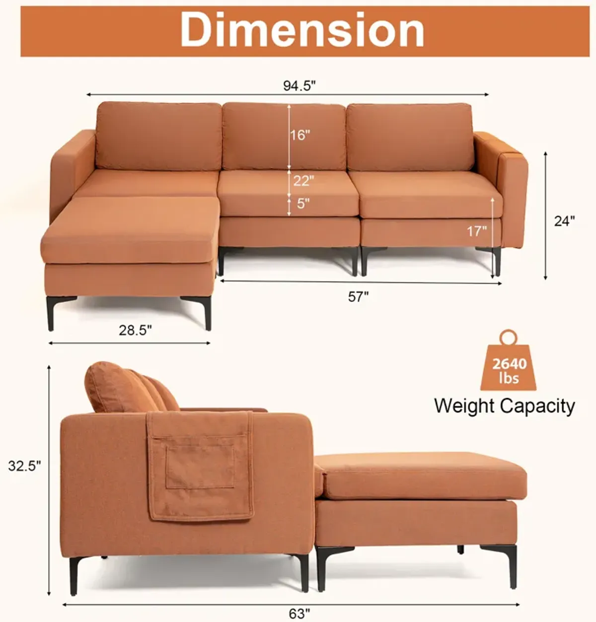 Costway Modular L-shaped 3 Seat Sectional Sofa w/ Reversible Chaise & 2 USB Ports