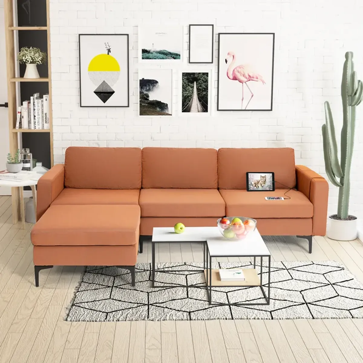 Costway Modular L-shaped 3 Seat Sectional Sofa w/ Reversible Chaise & 2 USB Ports