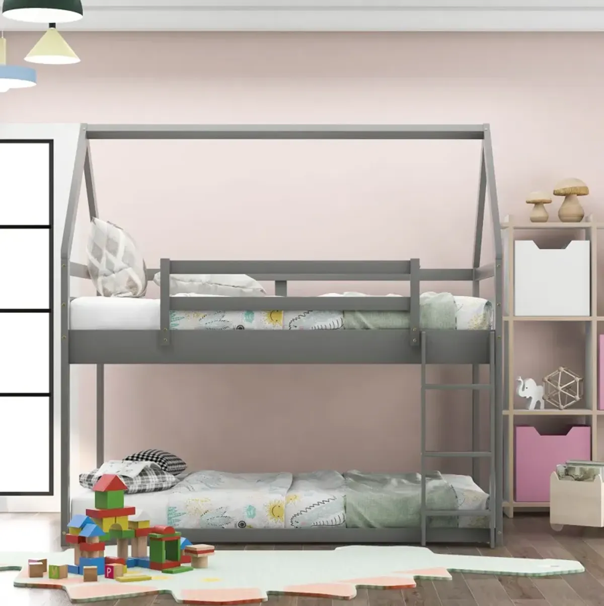 Twin Over Twin Low Bunk Bed, House Bed With Ladder