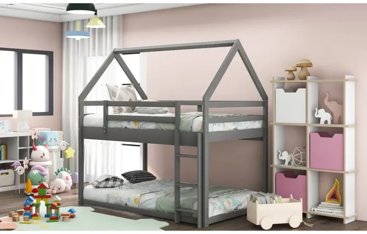 Twin Over Twin Low Bunk Bed, House Bed With Ladder