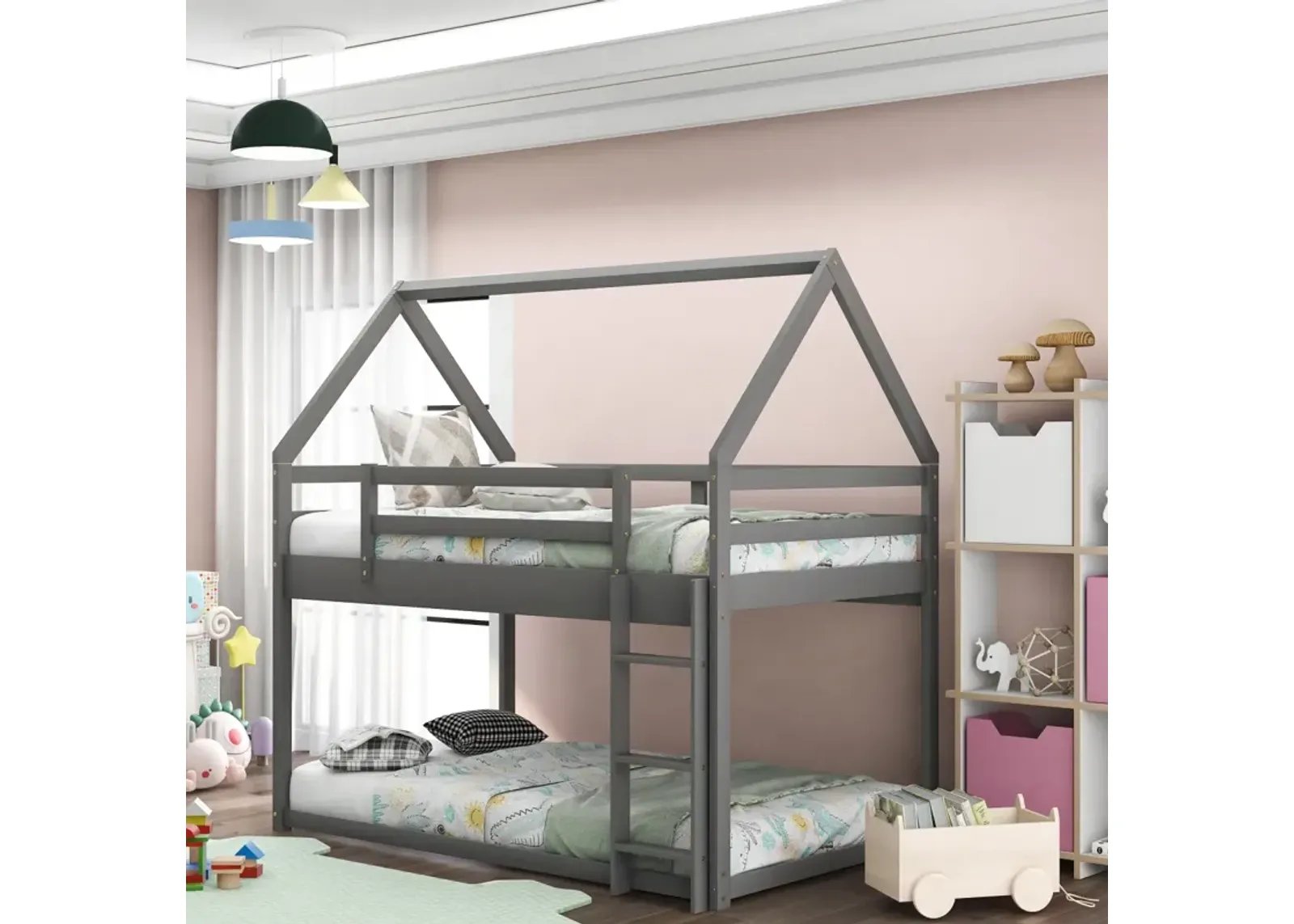 Twin Over Twin Low Bunk Bed, House Bed With Ladder