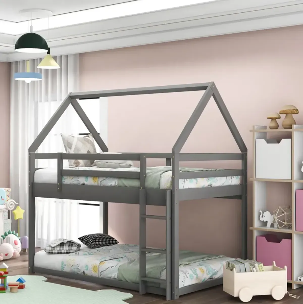 Twin Over Twin Low Bunk Bed, House Bed With Ladder