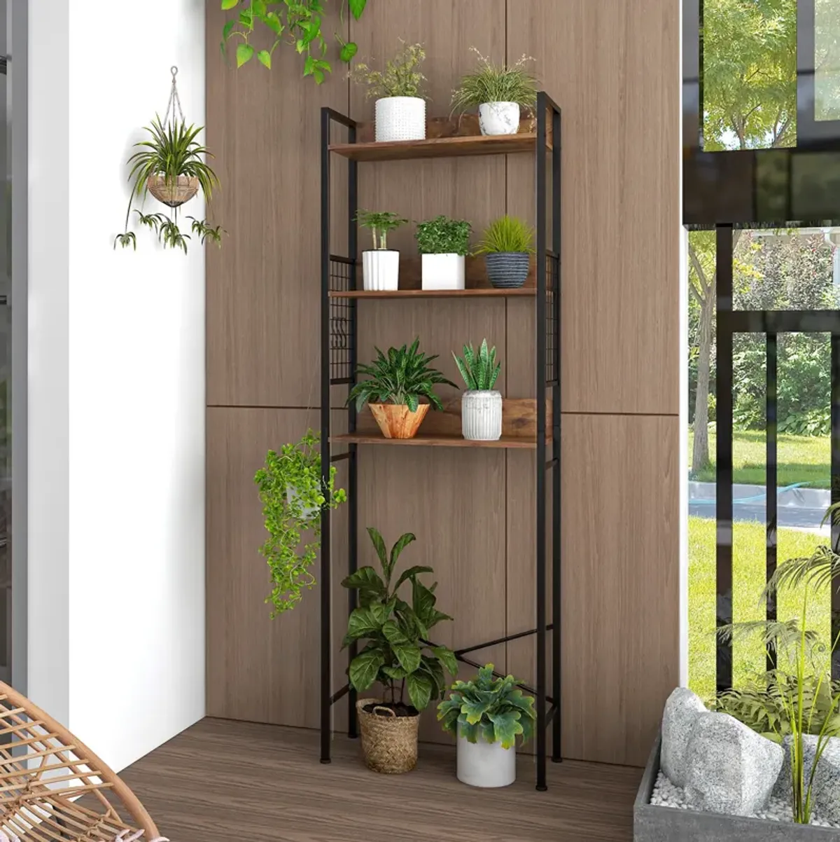 3-Tier Over-the-Toilet Storage Rack with 3 Hooks-Rustic Brown