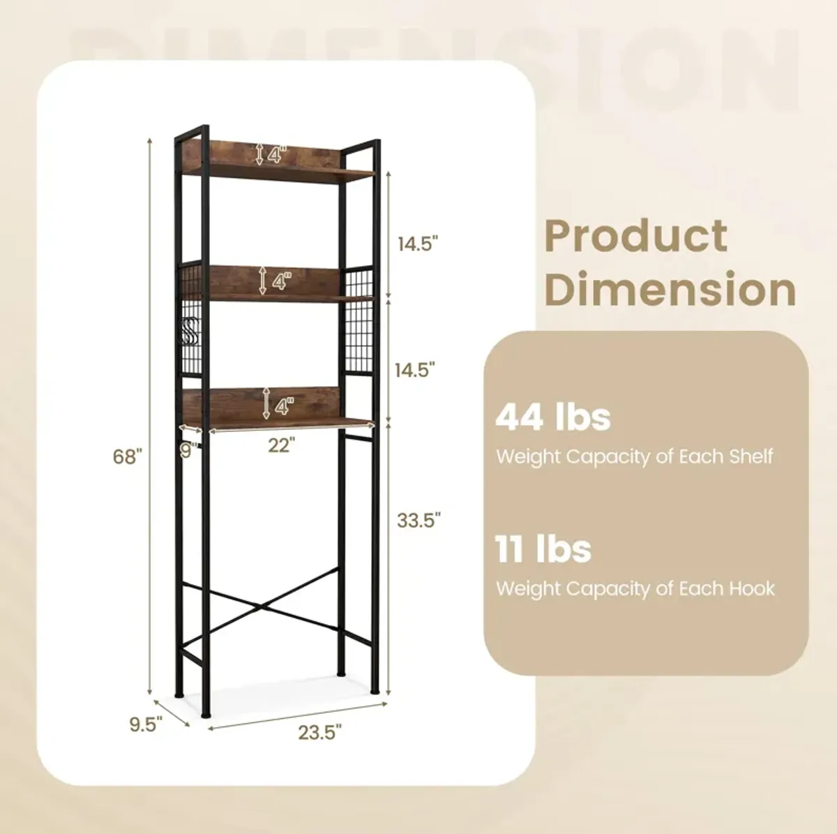 3-Tier Over-the-Toilet Storage Rack with 3 Hooks-Rustic Brown