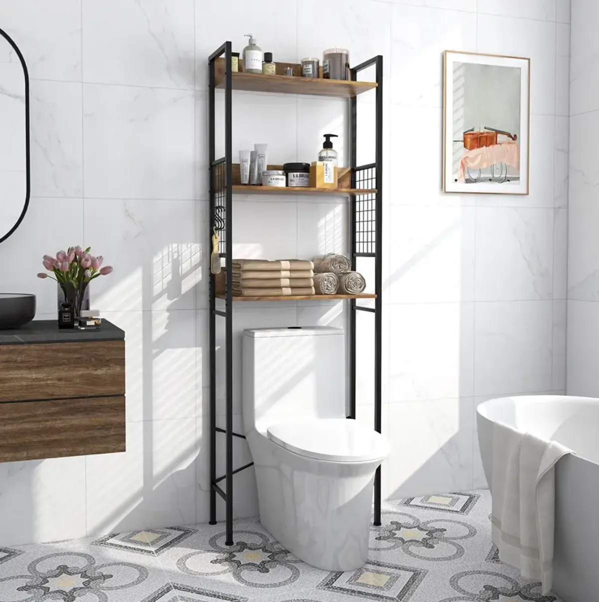 3-Tier Over-the-Toilet Storage Rack with 3 Hooks-Rustic Brown