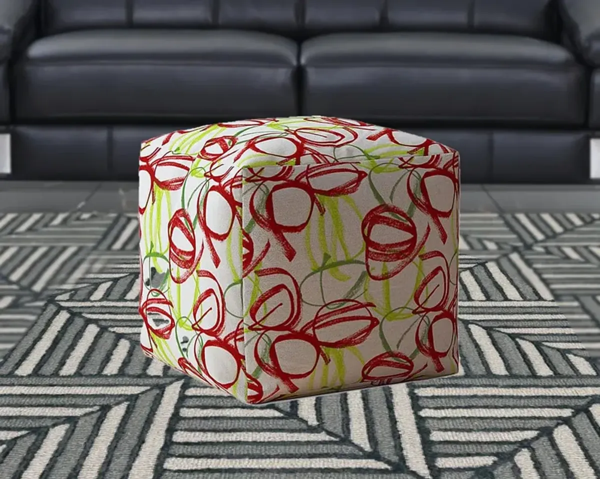 Hivvago 17" White Green And Red Cotton Abstract Pouf Ottoman