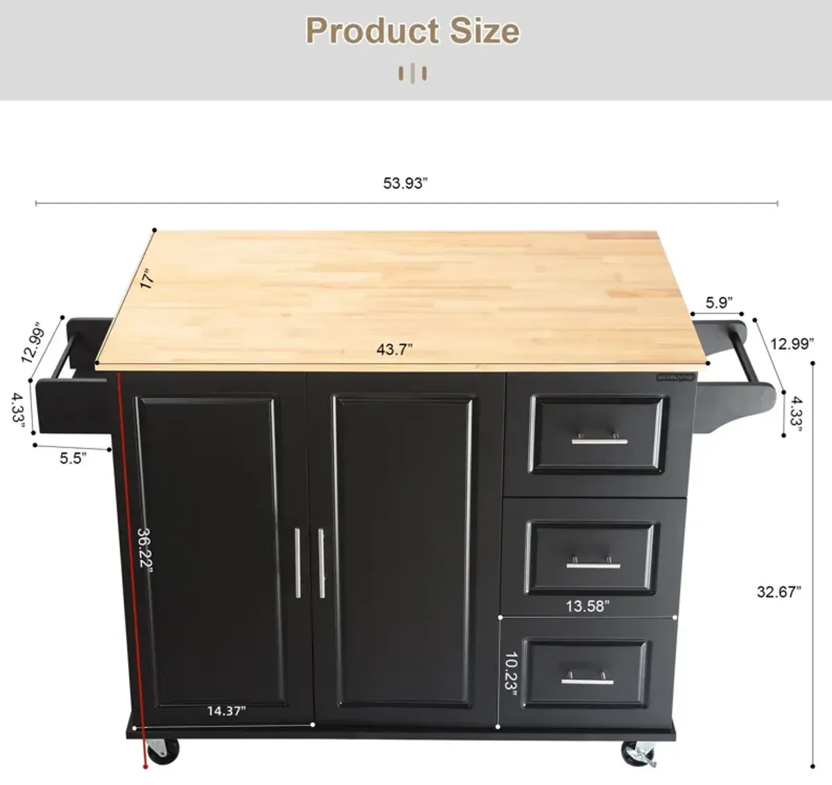 Hivvago 3 Drawers Rubber Wooden Top Utility Kitchen Cart with Adjustable Shelf