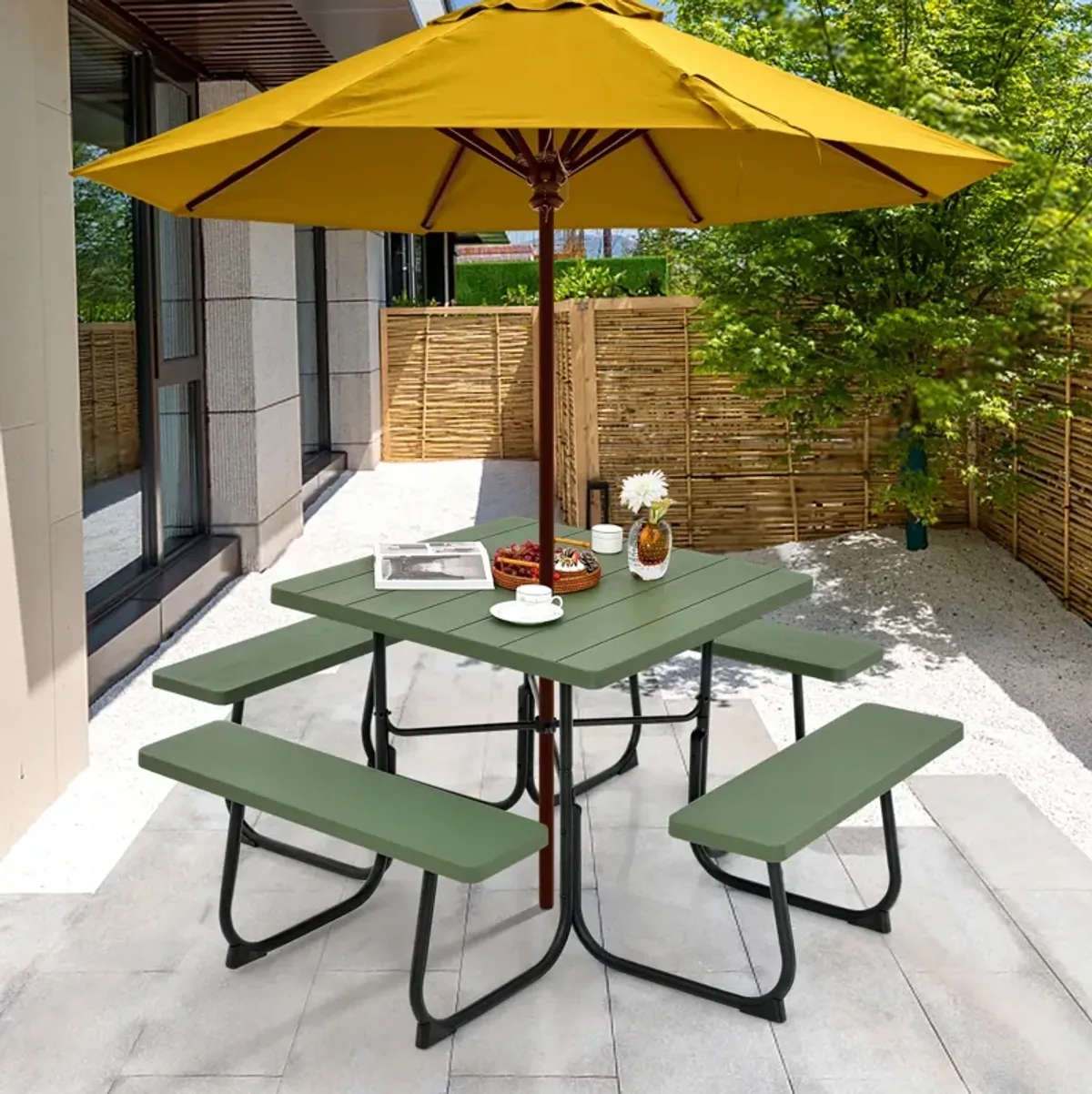 Outdoor Picnic Table with 4 Benches and Umbrella Hole