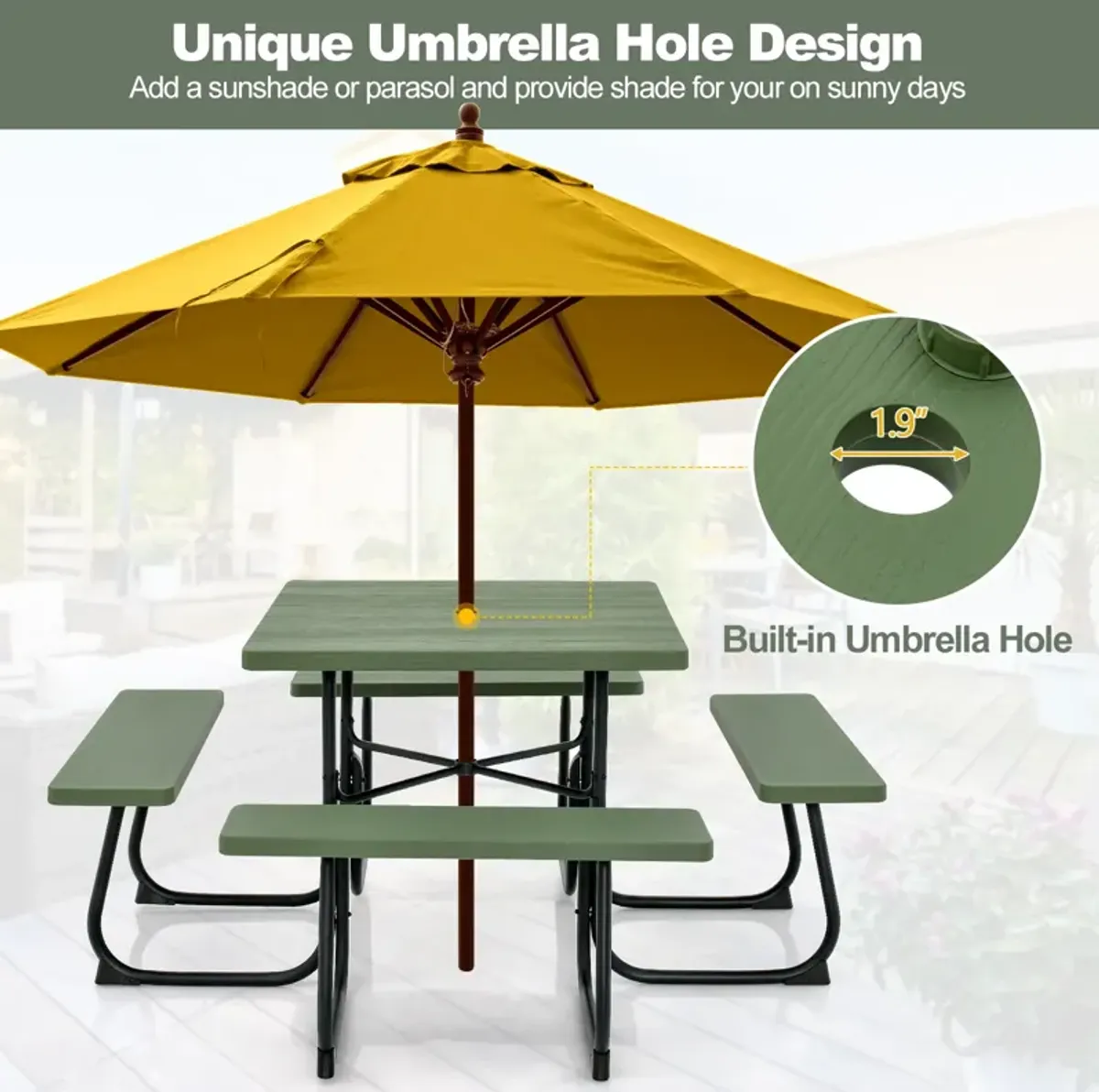 Outdoor Picnic Table with 4 Benches and Umbrella Hole