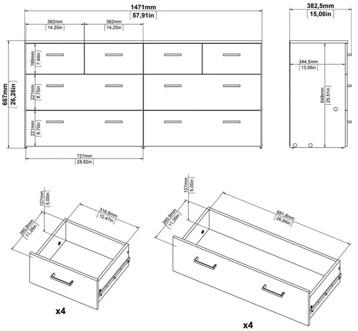 Tvilum 8 Drawer Double Dresser Oak Structure/White