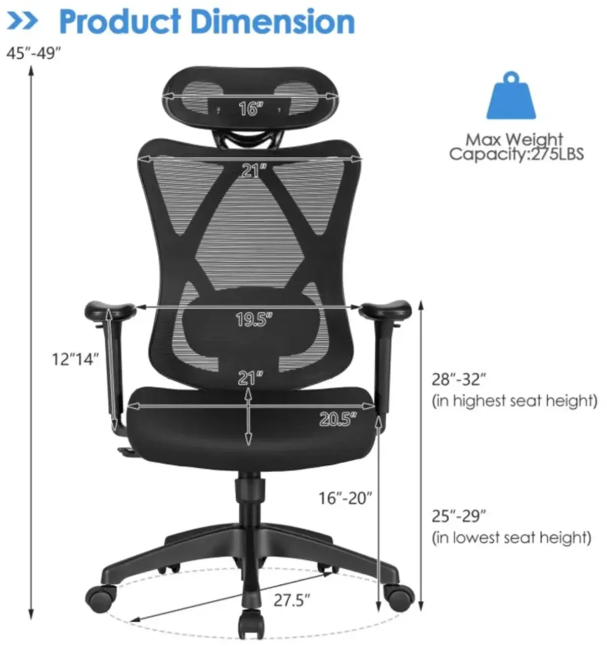 Hivvago High Back Mesh Executive Chair with Adjustable Lumbar Support