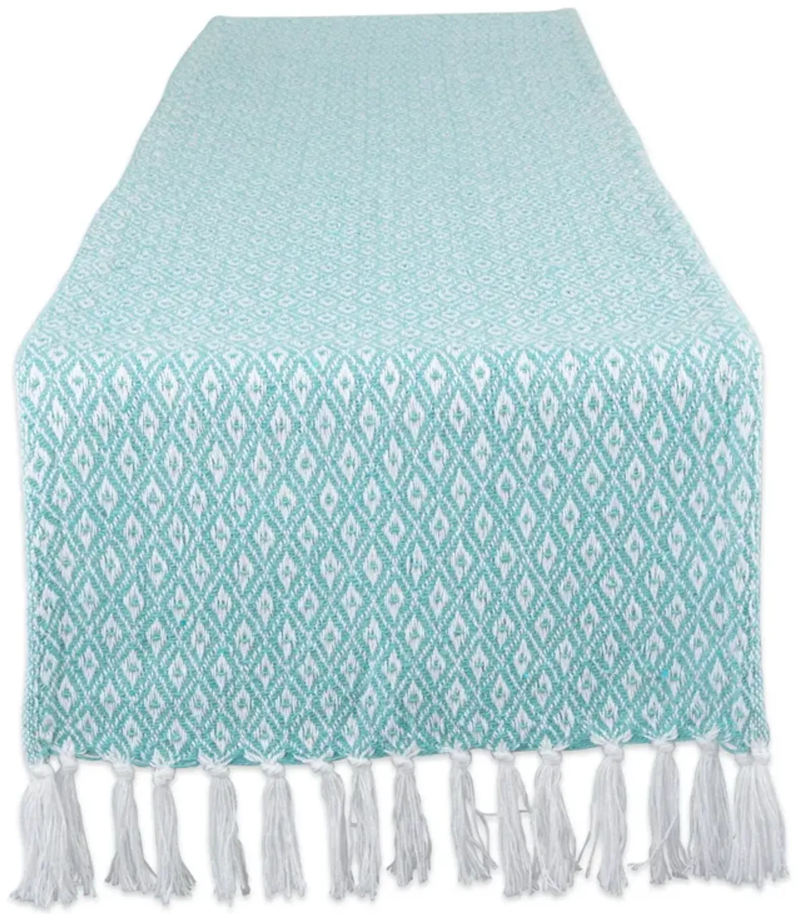 72" Aqua Blue and White Diamond Rectangular Weaved Table Runner