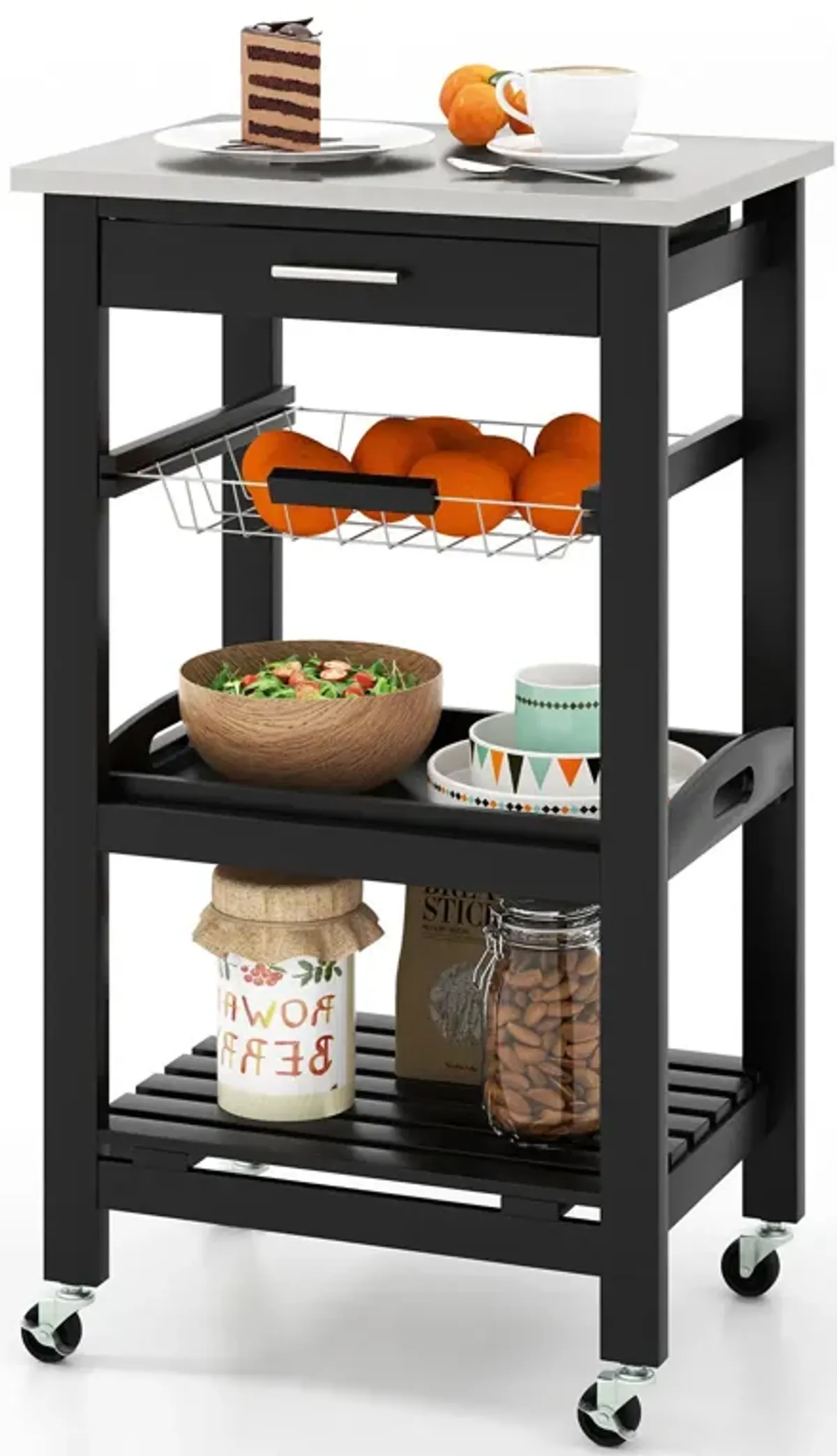 Kitchen Island Cart with Stainless Steel Tabletop and Basket