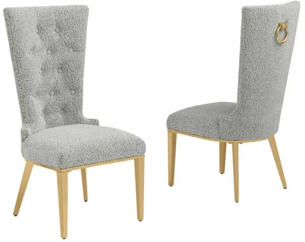 Best Quality Furniture Rich Gray Boucle Fabric With Gold Chrome Base Glam Dining Chairs (Set Of 2)