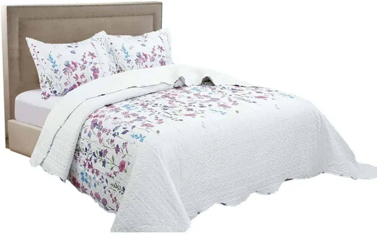 3 PCS Quilt Bedspread Coverlet White Floral Design Microfiber Full Size