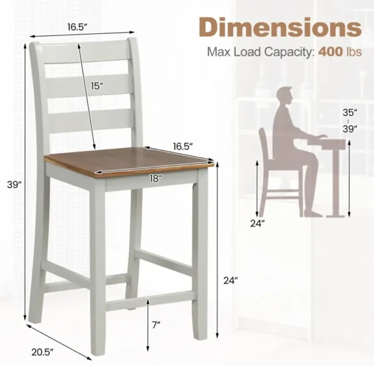 Hivvago Set of 2 Counter Bar Stool with Inclined Backrest and Footrest-Gray