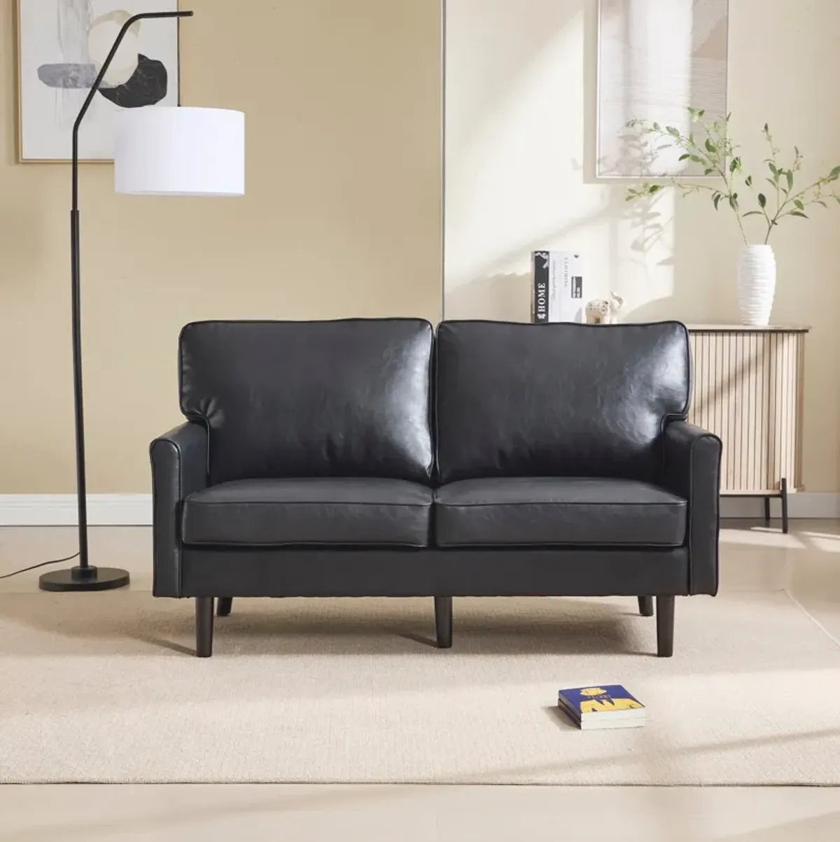 Mondawe PU Leather Loveseat, 2 Seater Small Sofa Couches with USB & Removable Pillow Cover