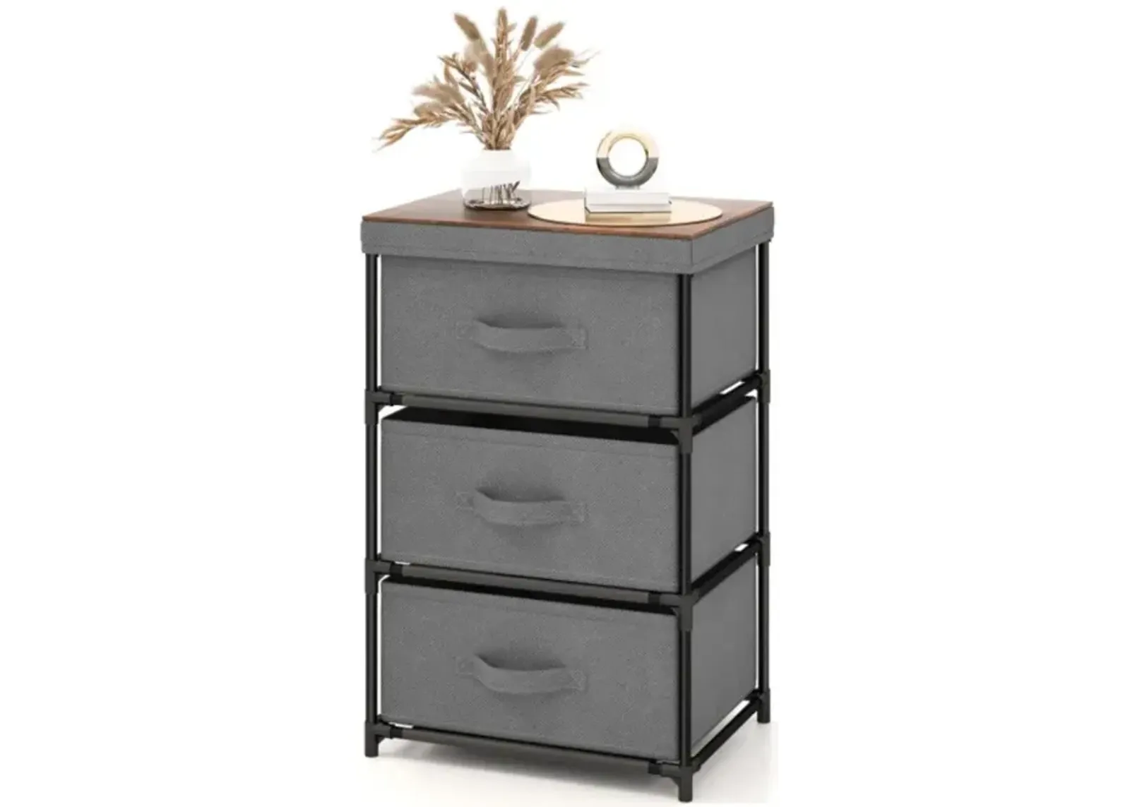 Hivvago 3-Tier Fabric Nightstand with Sturdy Metal Frame-Gray