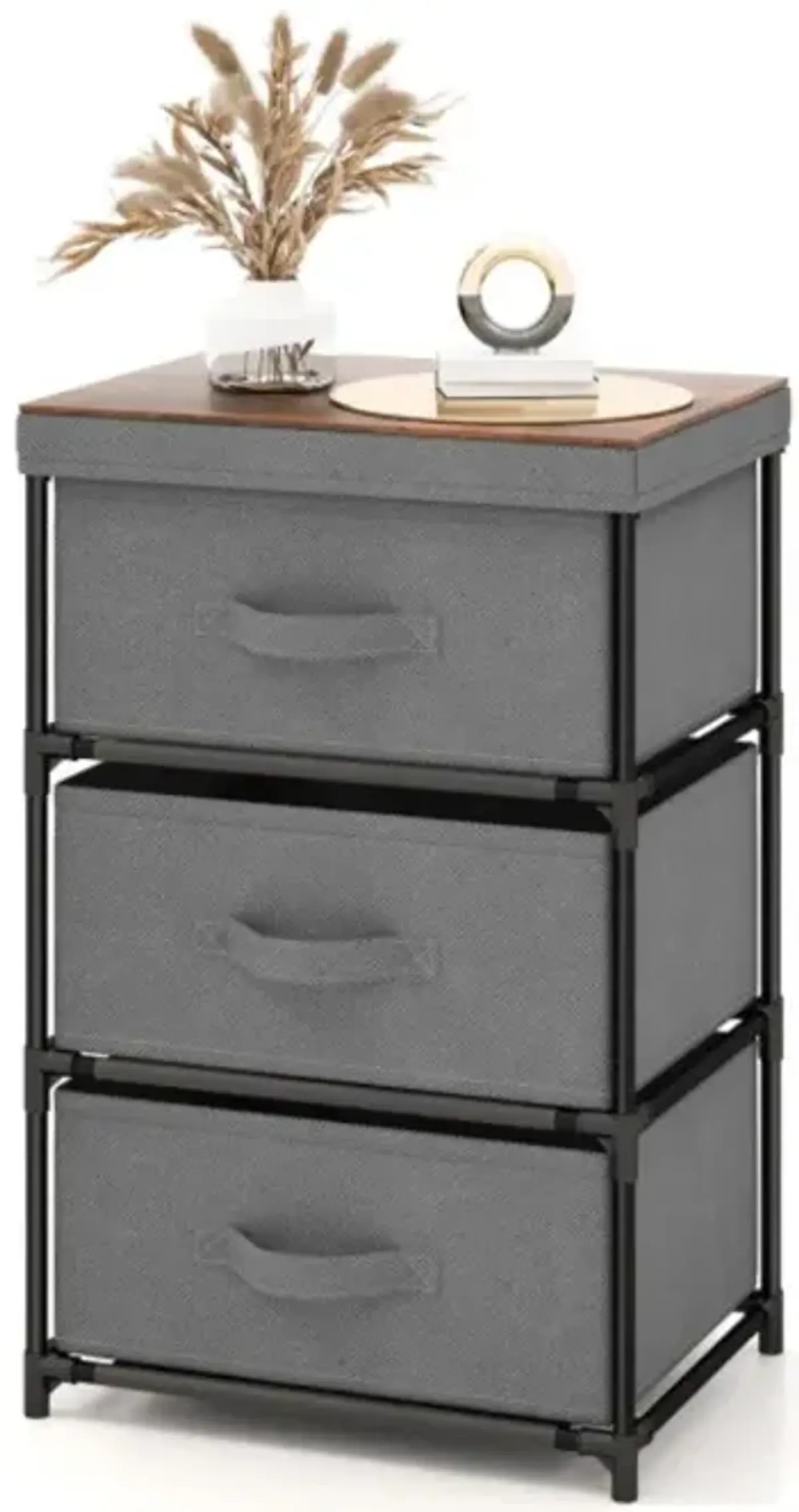 Hivvago 3-Tier Fabric Nightstand with Sturdy Metal Frame-Gray