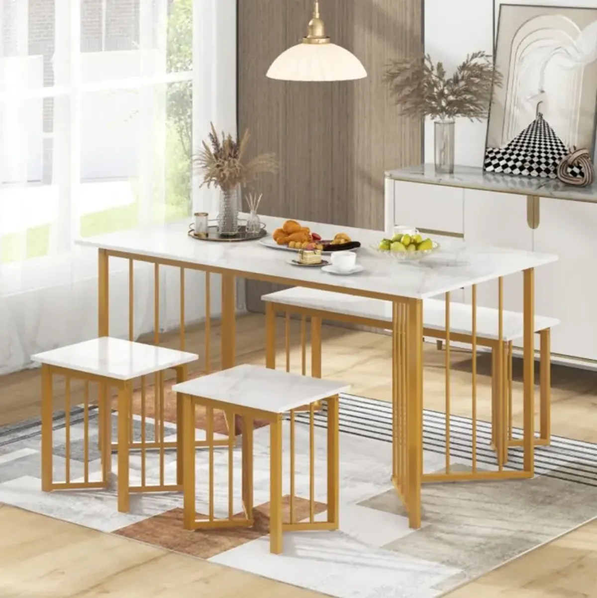 Hivvago 4 Piece Dining Table Set with Bench and 2 Stools