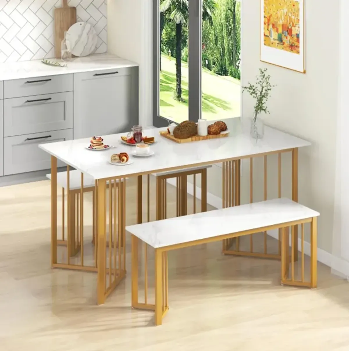 Hivvago 4 Piece Dining Table Set with Bench and 2 Stools