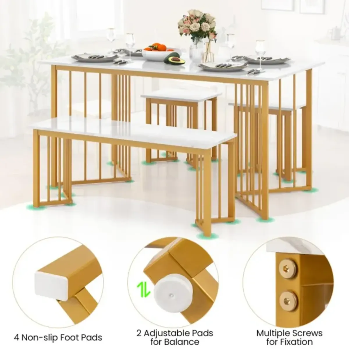 Hivvago 4 Piece Dining Table Set with Bench and 2 Stools