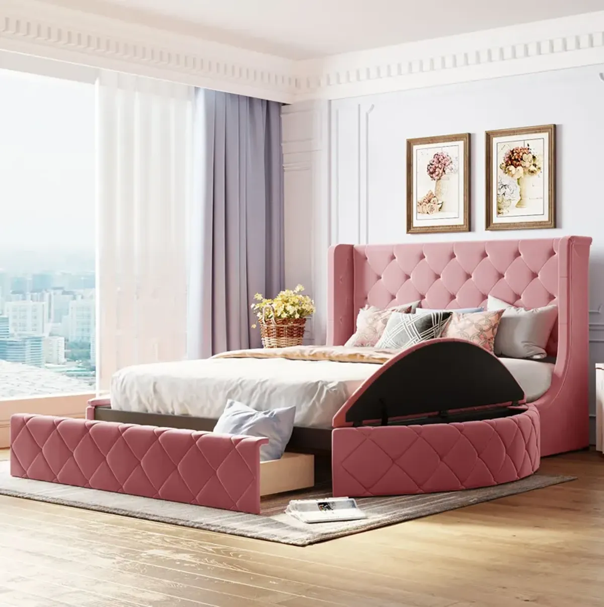 Merax Velvet Upholstered Platform Bed with Storage