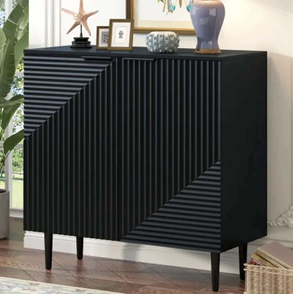 Modern Mirod Side Cabinet Featuring Adjustable Shelves & Geometric Door Design: Stylish Storage Solution for Any Home Décor